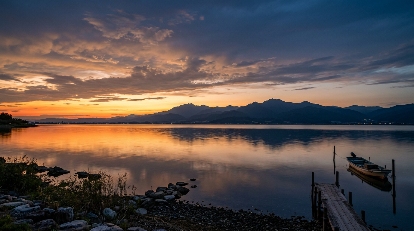 琵琶湖の夕景における広い水面と空のグラデーションをイメージした風景。山並みと湖面の反射が画面を二分する構図。