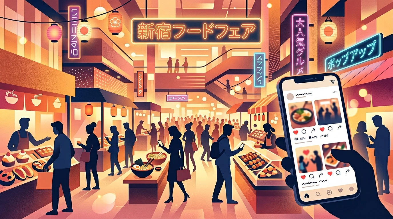 百貨店の高層フロアを連想させる明るいフードホール空間と、スマートフォンで情報を確認する来場者のシルエットを組み合わせた抽象的イラスト。特定店舗名やロゴは含まない。※画像は生成AIにより作成されたイメージです。