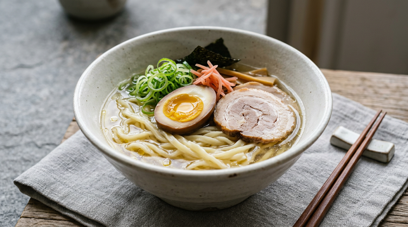 平打ち太麺に半熟卵と透明感のある冷製スープ、ねぎを添えた塩系ラーメンのイメージ図。特定店舗の実物再現ではなく、清涼感を強調した編集用ビジュアル。※画像は生成AIにより作成されたイメージです。