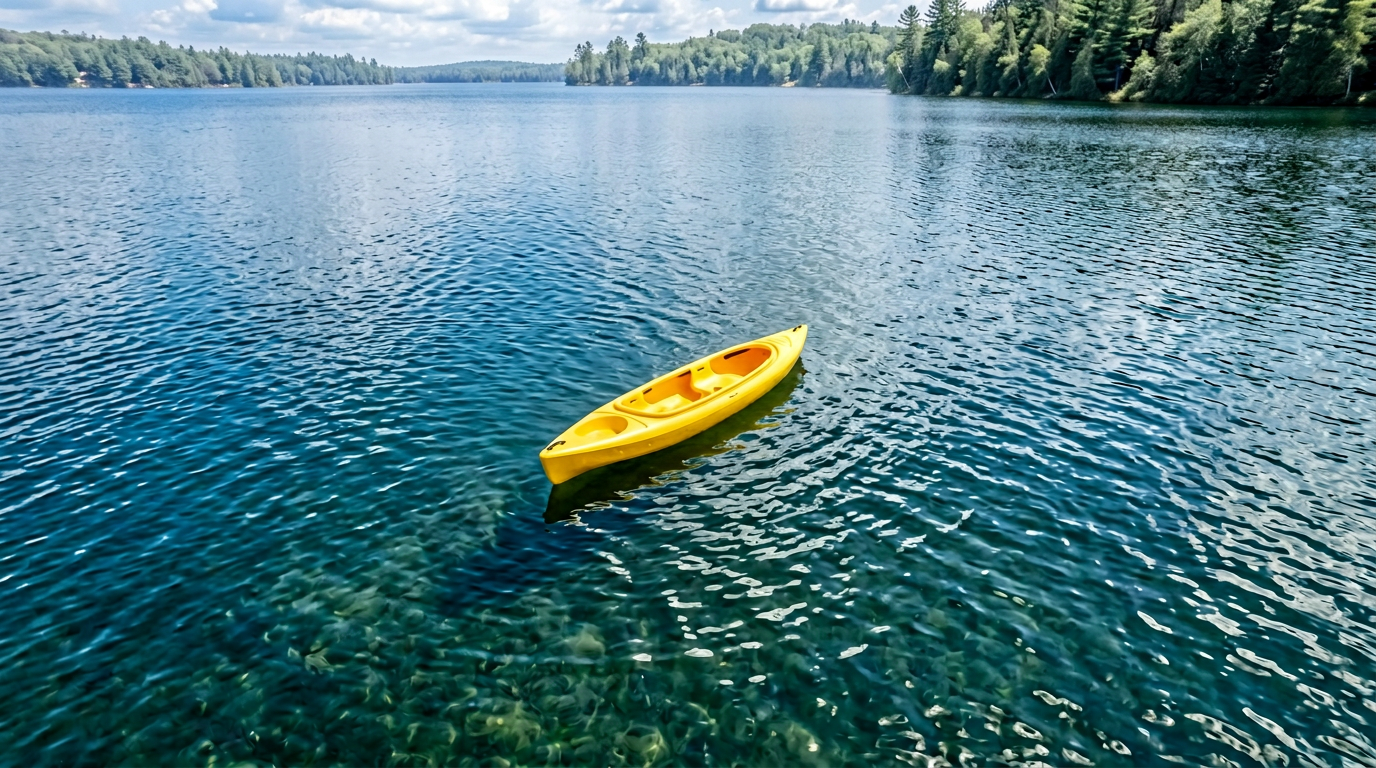 無人のレクリエーション用カヤックが静かな湖面に浮かぶイメージ。特定ブランドや事件現場の再現ではない。※画像は生成AIにより作成されたイメージです。