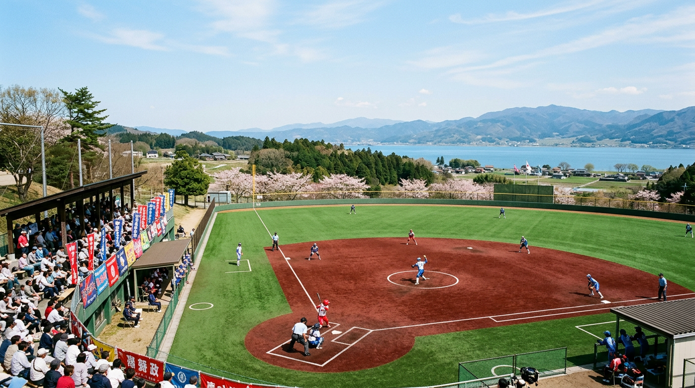 ※画像は生成AIにより作成されたイメージです。琵琶湖に近い田園地帯に立地する野球・ソフトボール用スタンドとグラウンドを俯瞰気味に見た風景。春の晴天。