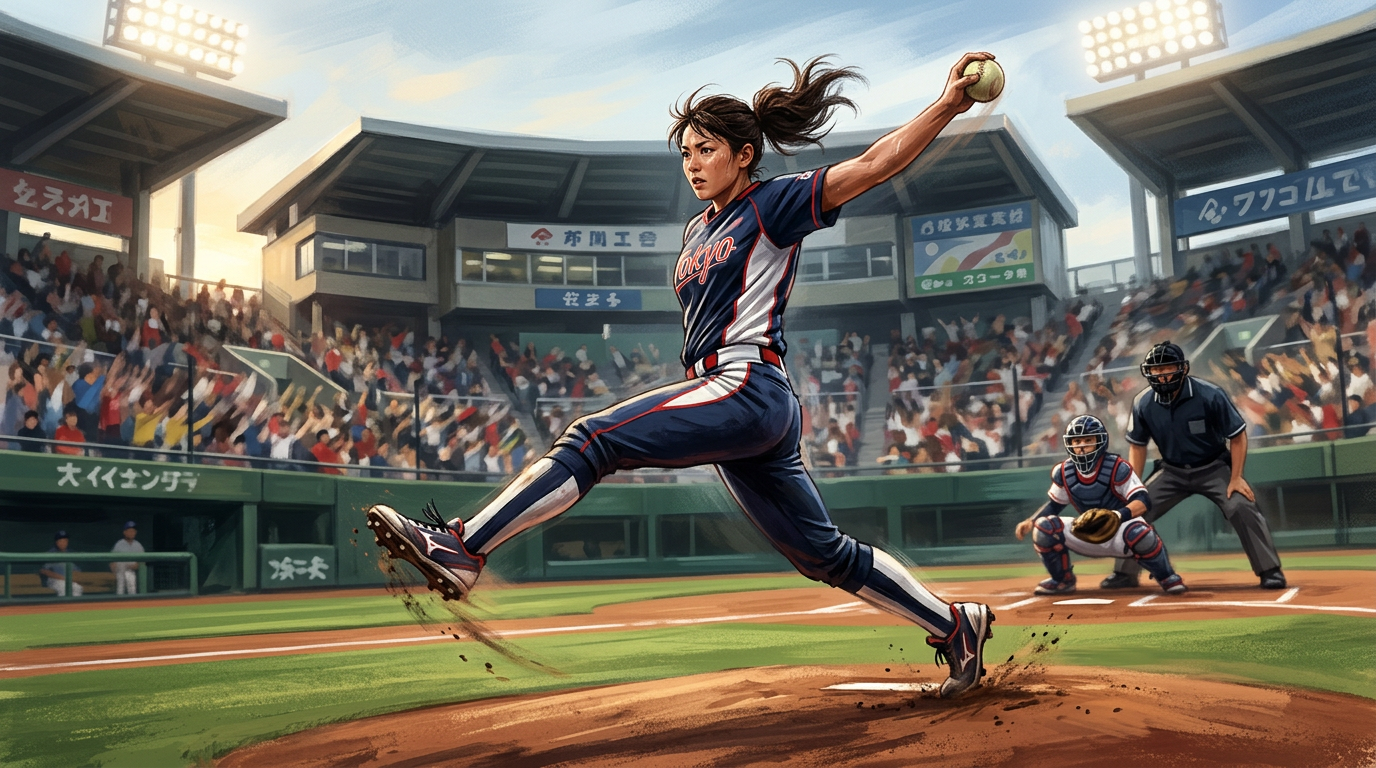 ※画像は生成AIにより作成されたイメージです。女子ソフトボールの投手がマウンドで投球フォームに入る瞬間を捉えたスポーツイラスト。ユニフォームのロゴは判読不能な抽象デザイン。