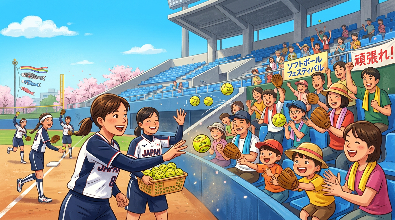 ※画像は生成AIにより作成されたイメージです。女子ソフトボールの試合前、観客席前で選手がサインボールを投げ入れ、スタンドの観客が手を伸ばす様子をイメージしたイラスト風ビジュアル。明るい晴天のスタジアム。