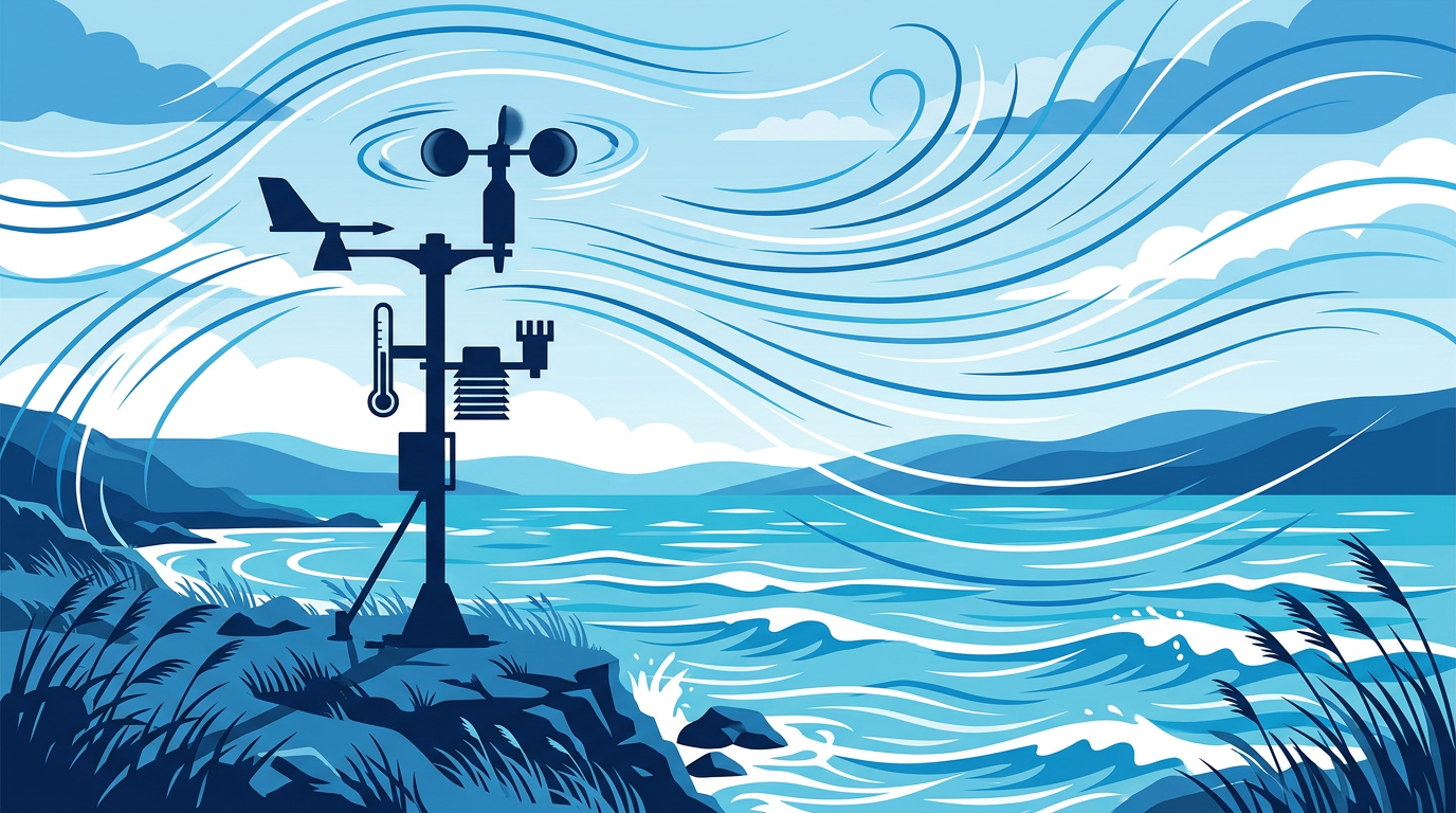 ※画像は生成AIにより作成されたイメージです。湖畔に設置された風速計をイメージしたシンプルなイラスト。気象観測と鉄道規制の接点を象徴。