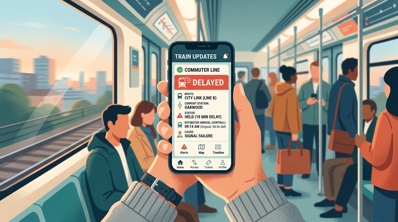 ※画像は生成AIにより作成されたイメージです。スマートフォンで列車運行の遅延を確認する手元のアブストラクトなイラスト。画面上の文字は判読不能なダミー。