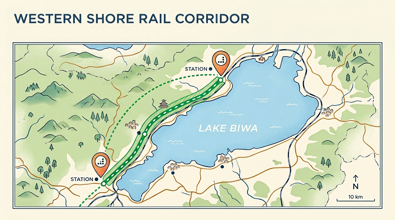 ※画像は生成AIにより作成されたイメージです。琵琶湖の西岸に沿った鉄道路廊を模式的に示した地図風イラスト。駅名は描かず、湖と陸のコントラストで湖北の位置関係を示す。