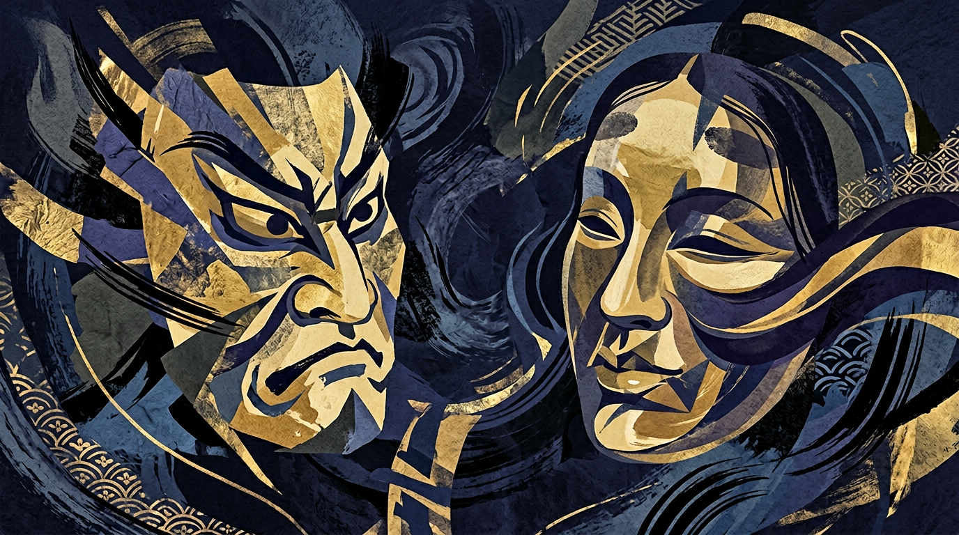 ※画像は生成AIにより作成されたイメージです。能面や仮面を抽象化した形で大河ドラマの「演技」を象徴するグラフィック。特定作品のロゴはない。