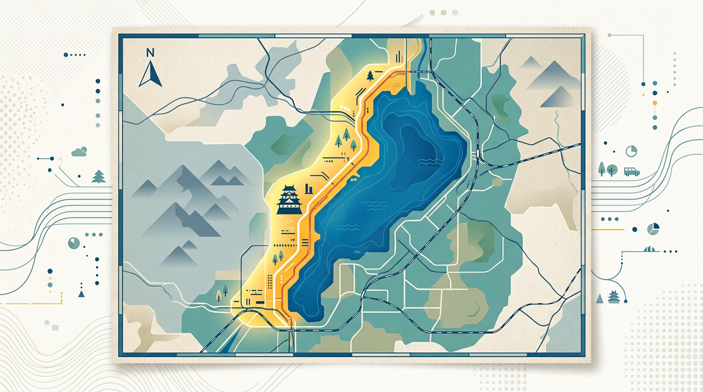 ※画像は生成AIにより作成されたイメージです。琵琶湖西岸の走廊と小さな城郭シルエットを模式的に示した地図風ビジュアル。固有名詞の文字は入れない。