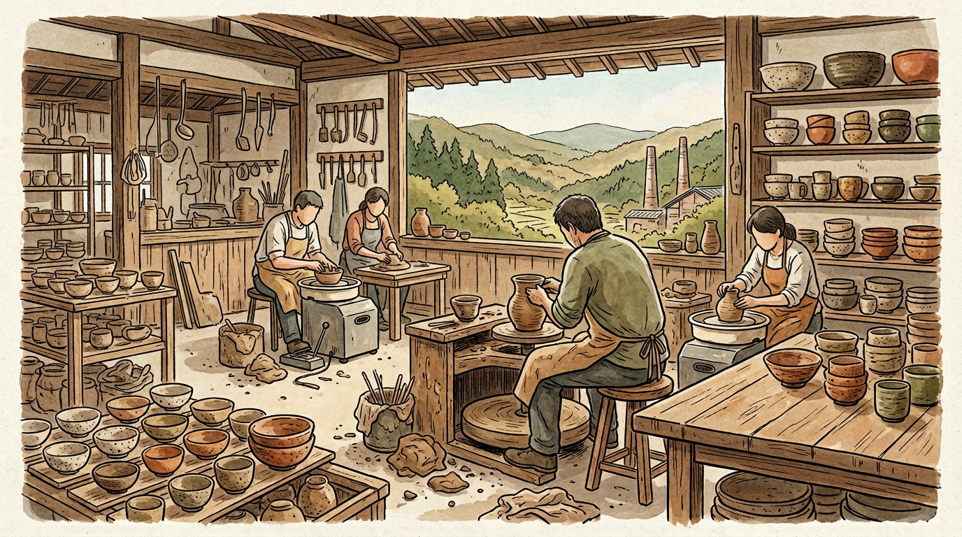 ※画像は生成AIにより作成されたイメージです。信楽焼を連想させる土色の陶器とろくろを抽象化したイラスト。特定ブランドや文字はない。