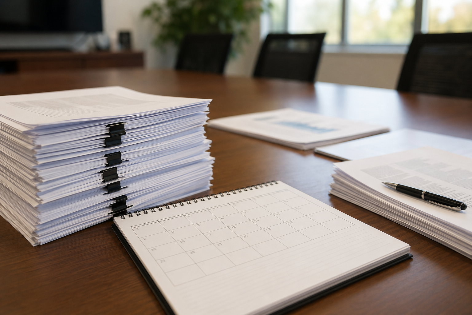 会議机の上の資料束とカレンダー風のビジュアル。予算・会計・各種審議の本格化を想起させるイメージ。※可読の文字は入れていない。