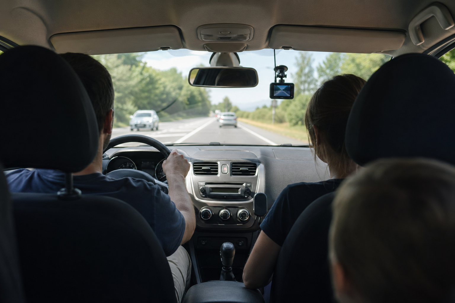 乗用車のフロントガラス近くに取り付けられたドライブレコーダーを示すイメージ。走行中の前後状況を記録する機器のイメージ図。