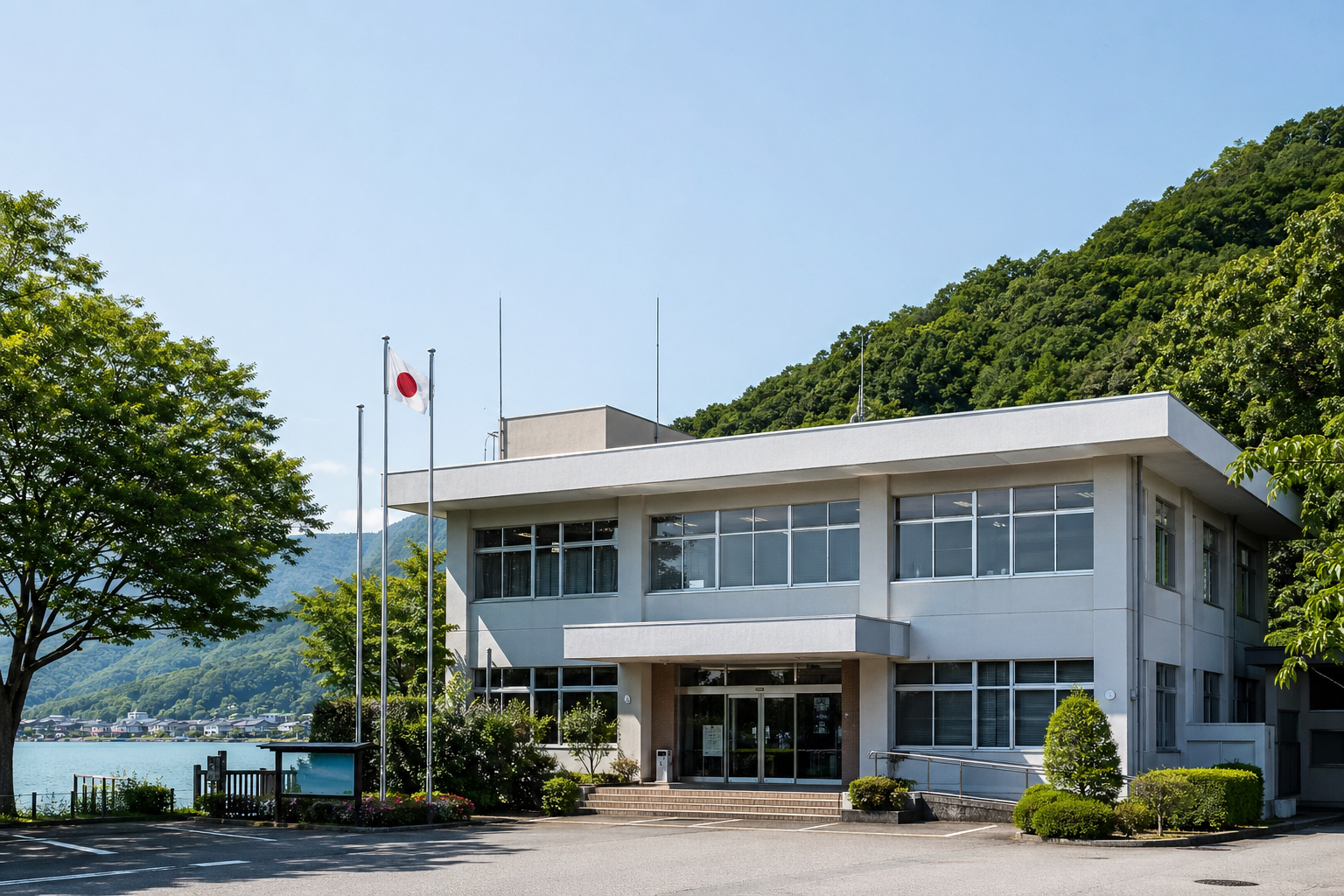 地方自治体の庁舎風の建物と緑地をイメージしたビジュアル。市町村と県の連携を示唆する、穏やかで現実的なトーン。※実在の建物ではない。