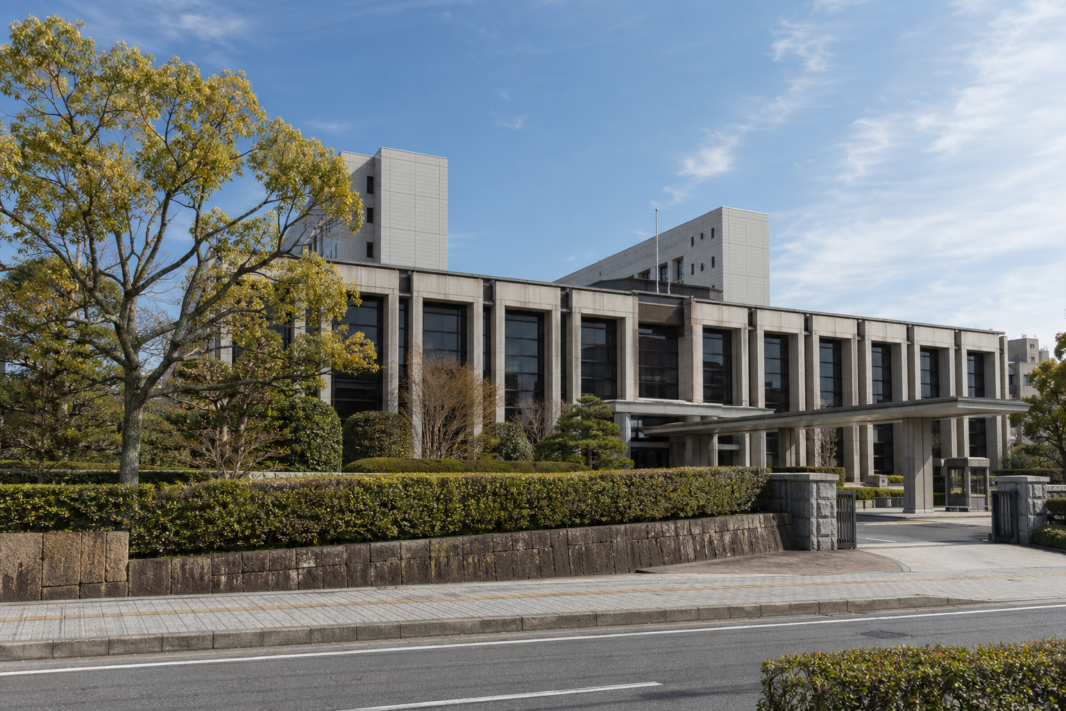 大津地方裁判所の判決を扱う記事用のイメージ図。穏やかな昼下がりの地方の裁判所庁舎の外観を示す。※実在の建物・当日の撮影ではない。