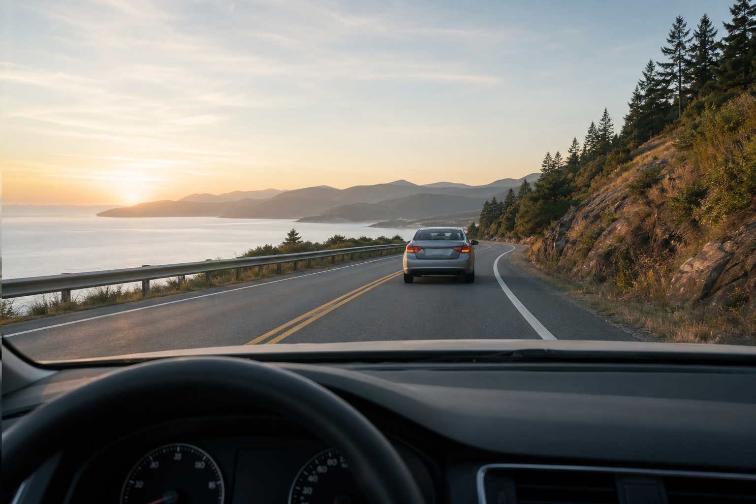 前車の動きに左右されず、距離を取って追従するイメージ。感情に流されない運転を表す穏やかなビジュアル。