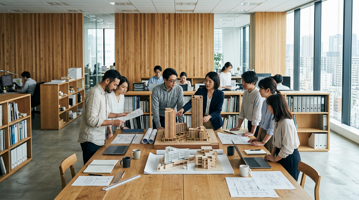 本社オフィスの木目を活かした内装や、来訪者に事業内容を示す空間づくりのイメージ。特定企業のロゴや商標は入れていない。再設計・ブランディングの補足用。キャプションにAI生成の注記を付与する。