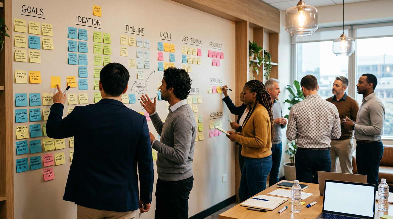 部門横断のワークショップや、社内ビジョンの言語化を象徴する、付箋と対話のイメージ。特定企業名は入れていない。五目炒飯の比喩に重ねる補足用。キャプションにAI生成の注記を付与する。