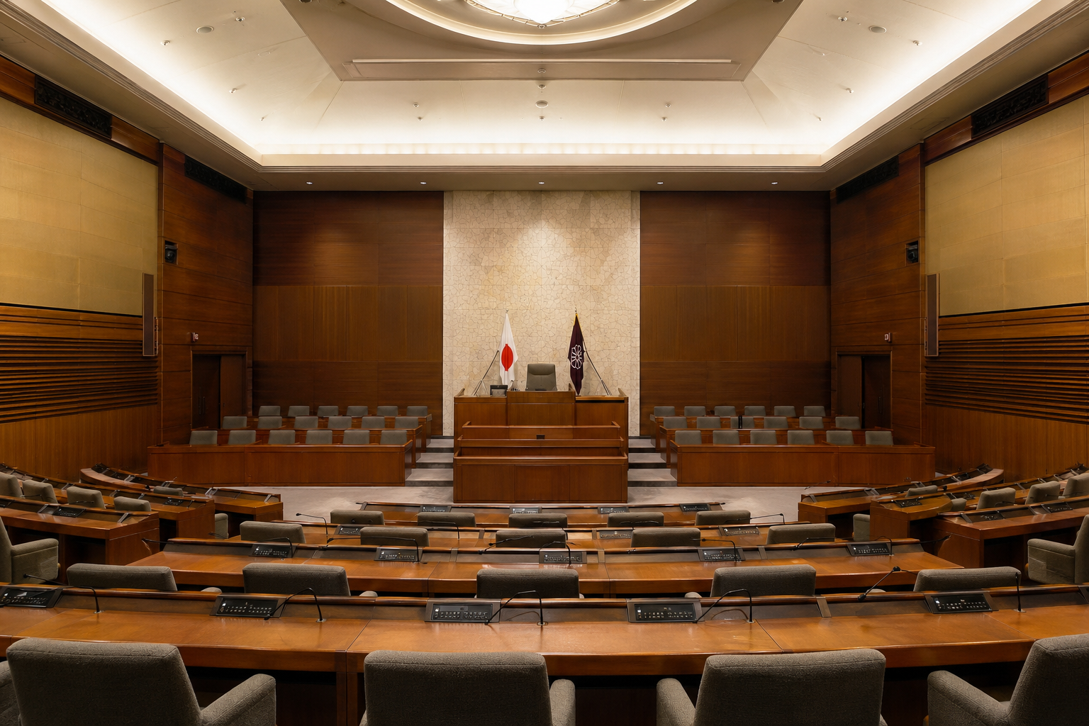 地方議会の本会議場をイメージした図。空席の議席と壇上方向を示し、招集会議・正副議長選挙のニュースに合わせた落ち着いた雰囲気。※滋賀県議会議場の実写ではない。