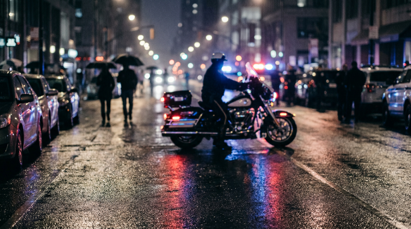 夜間の市街地で、赤色灯のぼかしが路面に映るイメージ。本件の現場写真ではない。