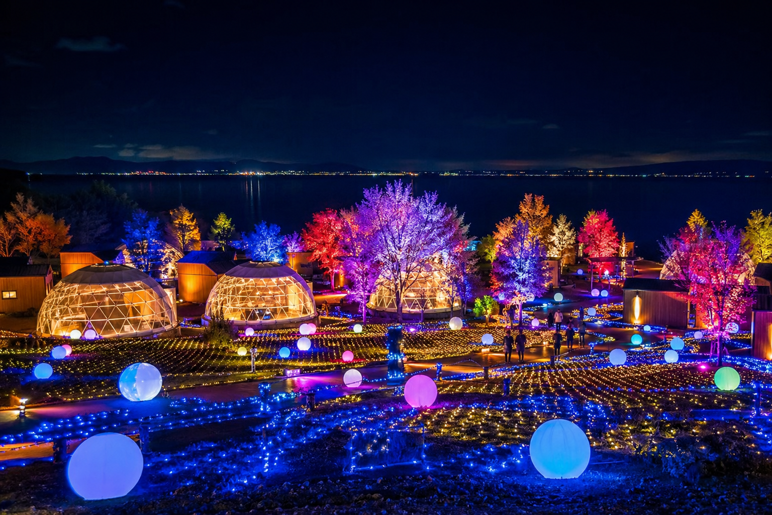 グランドーム滋賀高島の広大なセンターガーデンで展開された琵琶湖ミュージックイルミネーションの夜景。カラフルなライトアップツリーと巨大ドームテントが幻想的に輝き、琵琶湖の夜空を背景にした光と音楽のショーシーン