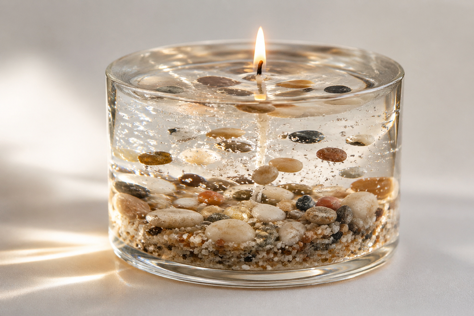 琵琶湖の砂と小石を封じ込めたジェルキャンドルのクローズアップ。透明なジェル内に自然素材が浮遊し、柔らかな光が湖の水面のように反射する様子を詳細に描写。インテリアとして日常に取り入れやすいデザイン。