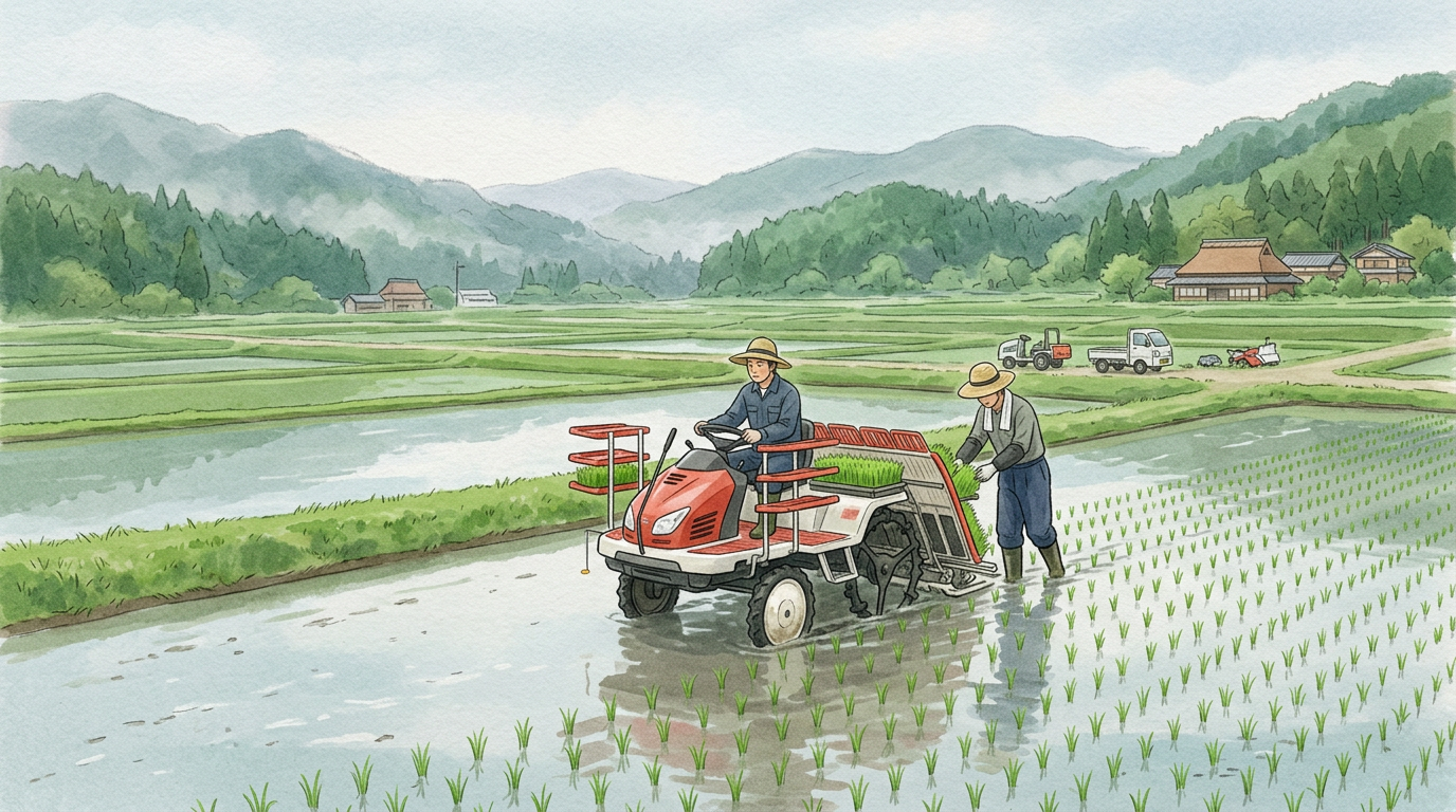 高島市近郊の水田地帯の春の風景のイメージ。特定農家・特定圃場の再現ではない。