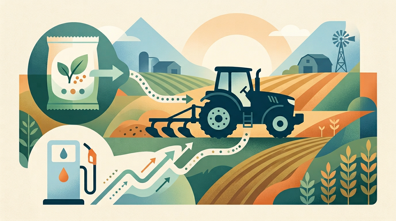 農機・燃料・肥料のコスト圧力を、抽象アイコンで表したイメージ。特定企業のロゴはない。