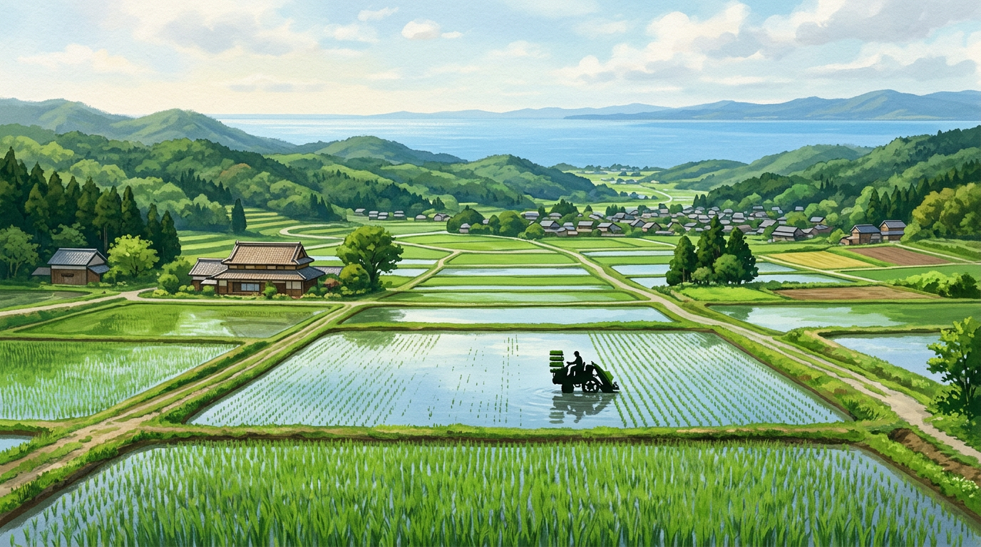 編集部作成のイメージ図。琵琶湖周辺を想起させる春の水田と遠景の湖、穏やかな空の下の農村風景。特定の撮影地・農家を示すものではない。