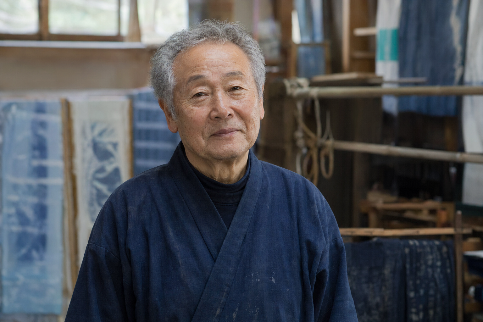 中條弘之氏のポートレート。染色工房で伝統技法を活かした作業風景を背景に、穏やかな表情で立つ70代の染織家。京友禅の経験を現代アートに繋ぐ姿勢を象徴する。