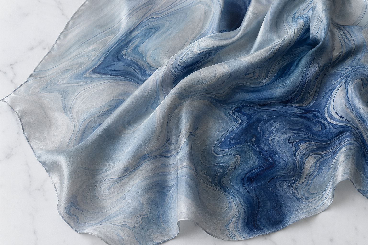 水の流れを墨流し染めで表現したシルクスカーフの詳細。優雅な波紋やグラデーションが湖の水面を思わせ、軽やかな生地が風に揺れる様子をイメージ。ファッションアイテムとしての実用性も感じさせる。