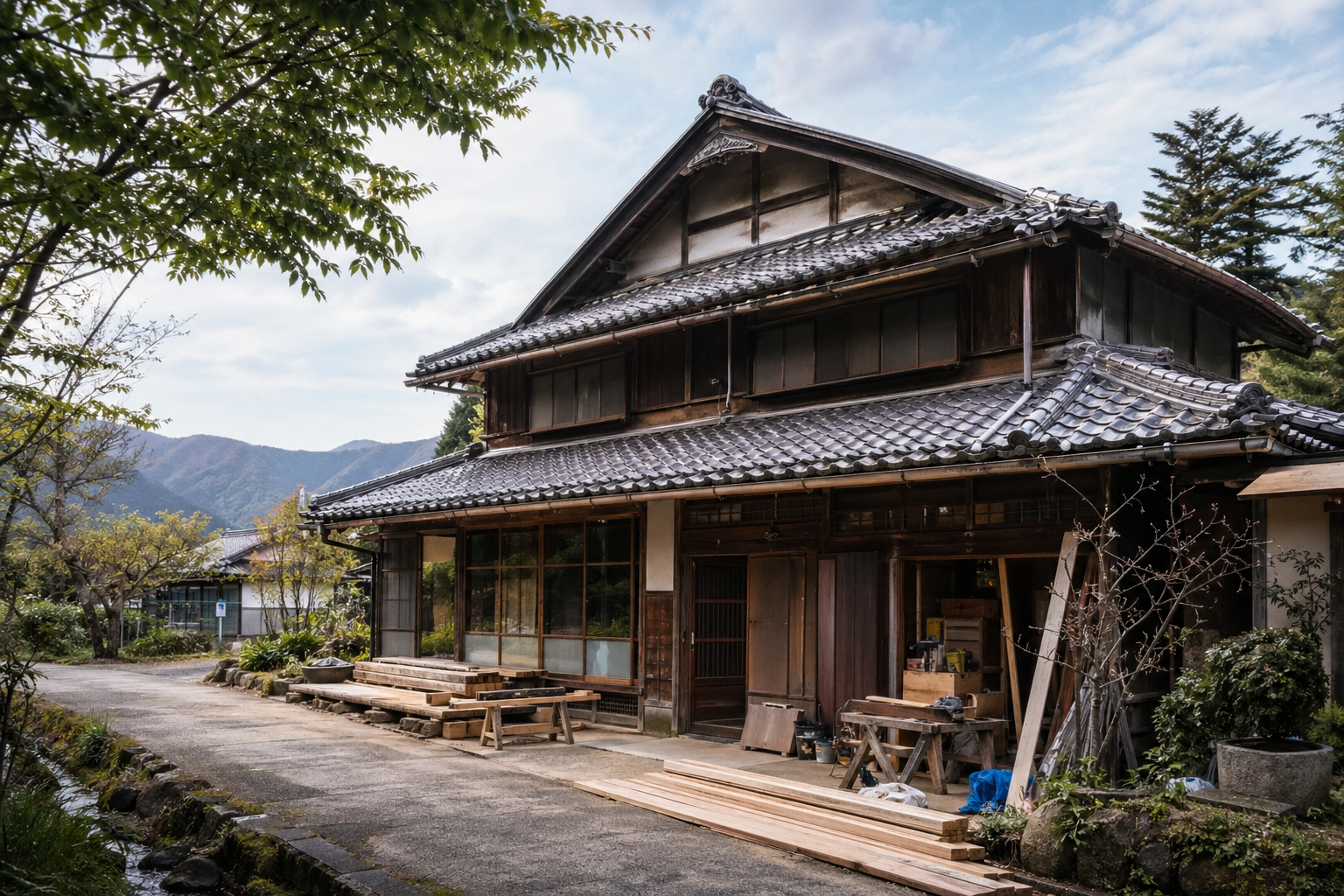 地方の古家の外観と、木材や工具のある改修作業前後のイメージ。実在の高島市の工事情景ではなく、対象経費の中心が改修である旨を視覚化した編集用イラスト。