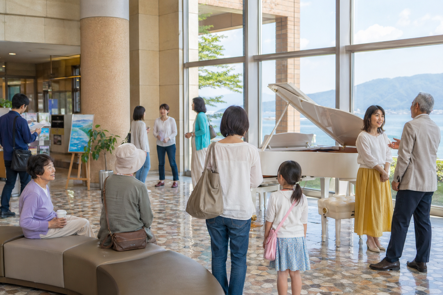 市民会館ロビーでピアノに親しむ人々の雰囲気を、琵琶湖西エリアの地域文化イベントをイメージして描いた編集部作成の図。実在の来館者の写真ではない。