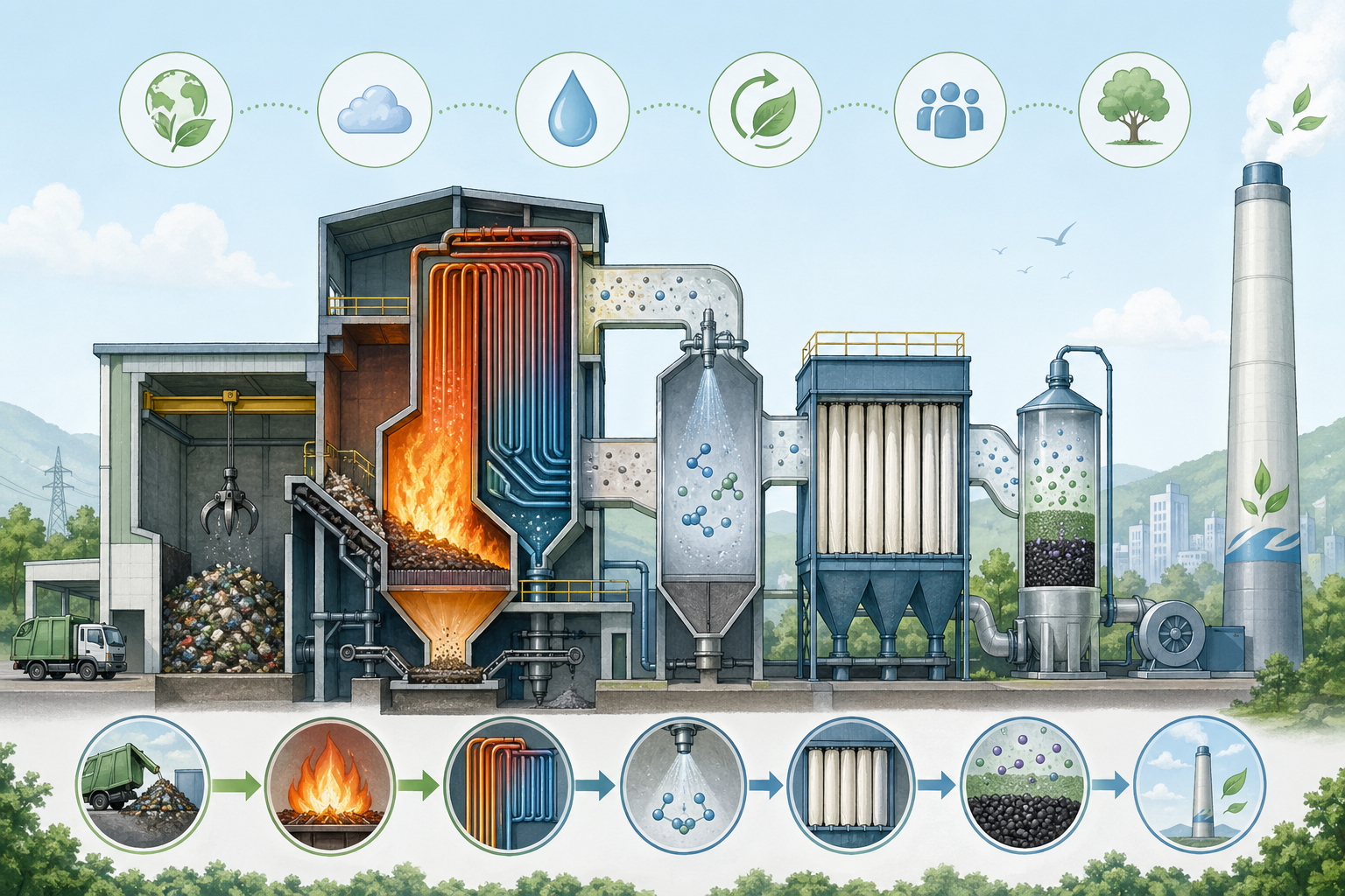 焼却と排ガス処理をイメージした編集部作成の図。実在の工場内の写真ではない。