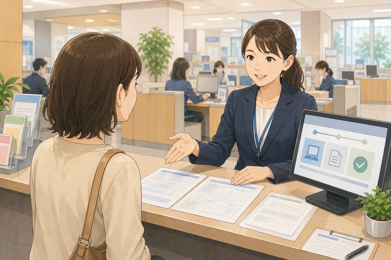 市役所の窓口相談と、オンライン申請の画面を併存させたイメージ。実在の庁舎の写真ではなく、手続手段の多様性を表すイラスト。