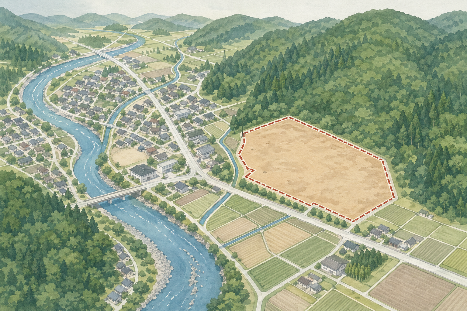 高島市安曇川周辺の新施設予定地をイメージした編集部作成の図。地図や測量図ではない。