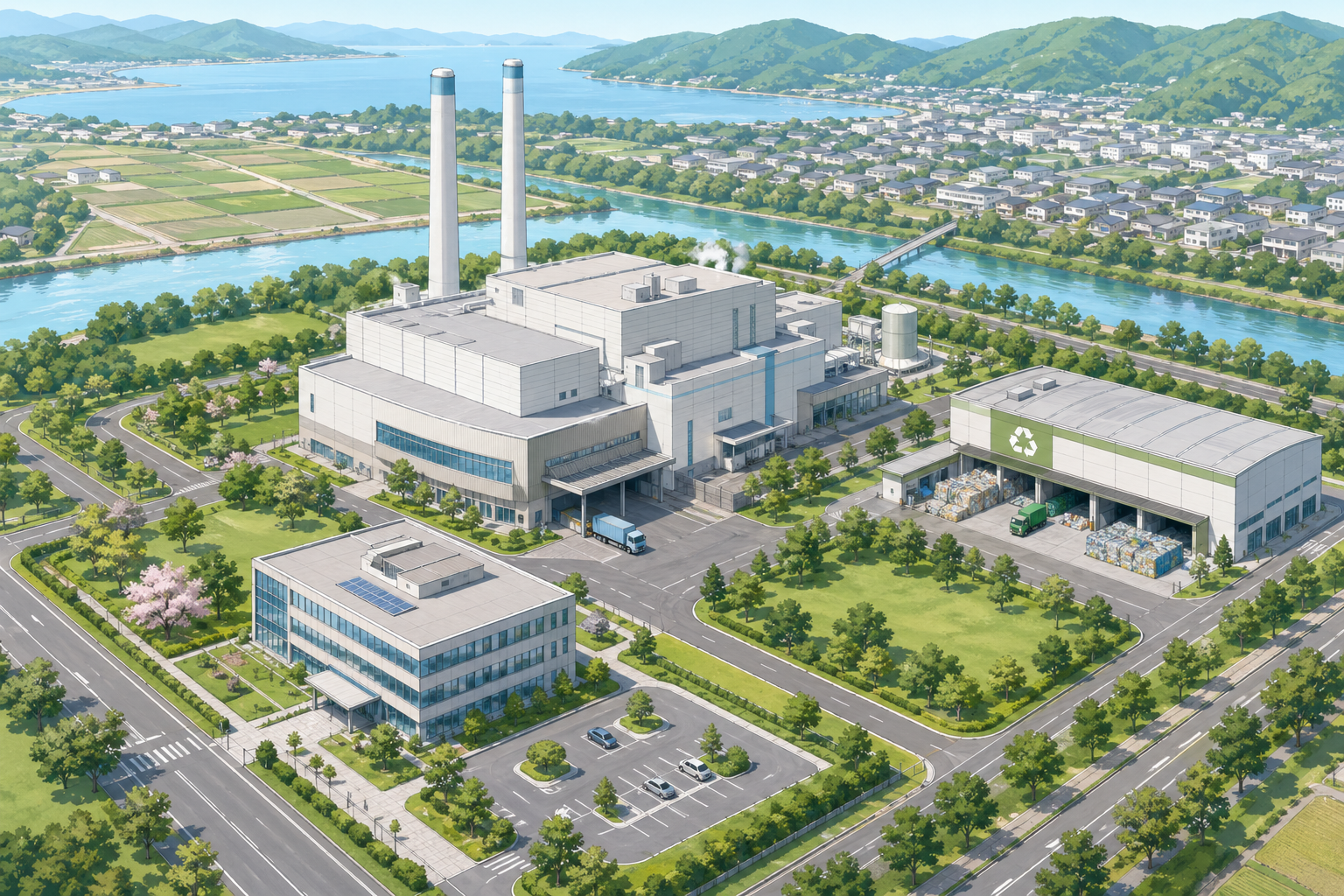 高島市の新ごみ処理施設整備をテーマにした編集部作成のイメージ図。焼却・リサイクル棟を含む施設群の雰囲気を示す。実在の建物・敷地の写真ではない。