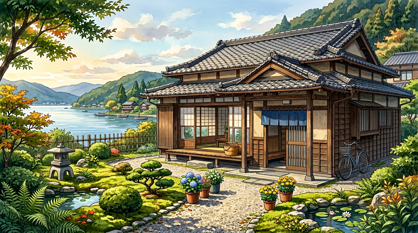 高島市域の空き家活用・移住定住をイメージした編集部作成のイラスト。琵琶湖周辺の農村風景に近い木造住宅の外観と穏やかな光を表現する。