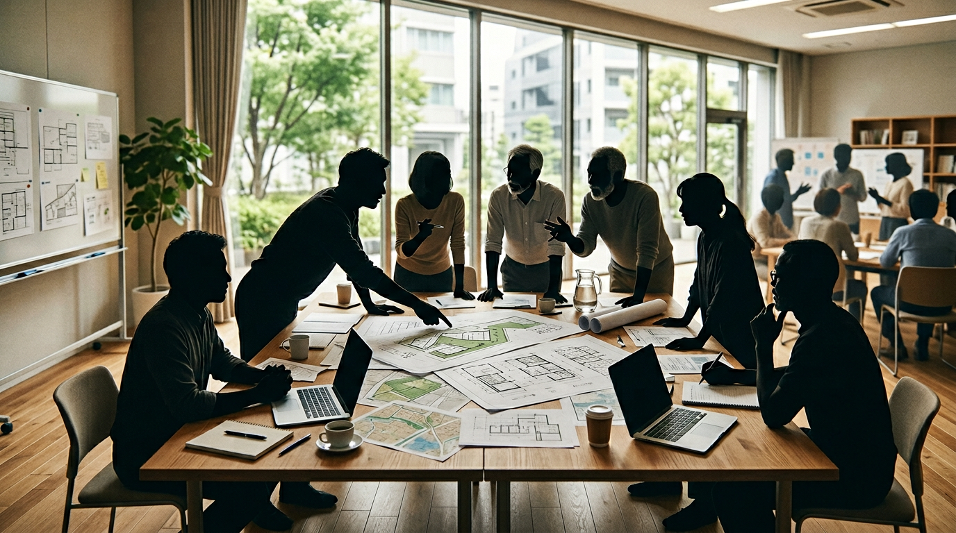 地域住民と計画書を囲む協議のイメージ。空き家活用モデル事業における参画意欲を象徴する編集部作成のイラスト。