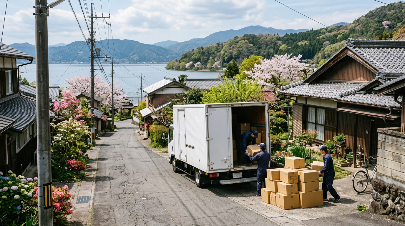 移住・引越し・新たな暮らしの始まりをイメージした荷造りと軽トラのイメージ。モデル事業による地域への定着を象徴する編集部作成のイラスト。