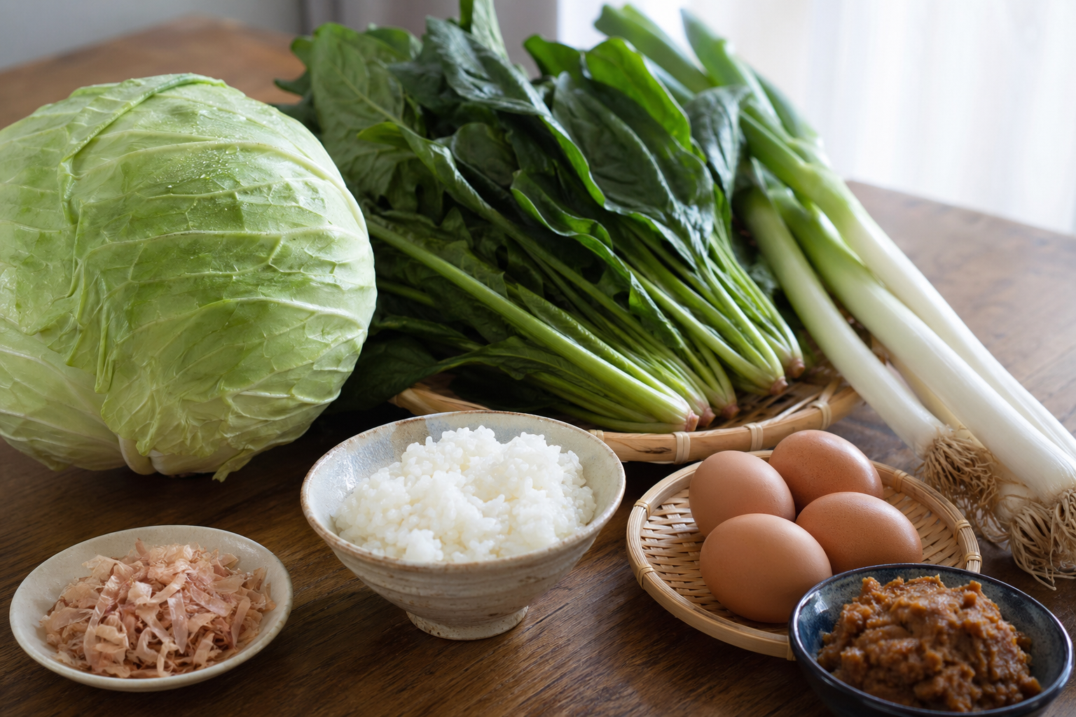 高島市産の新鮮な野菜と米を並べ、学校給食センターの調理風景をイメージ。地場産食材の豊かさと子どもたちの未来を象徴。