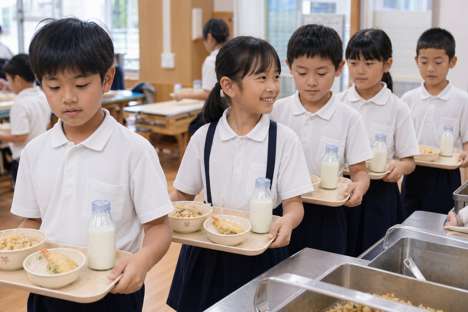 高島市立小学校の給食風景。令和8年4月30日の高島デー献立であるしょいめしと琵琶湖産すじえびのかき揚げを中心に、児童たちがトレイを持って並ぶ様子を再現したイメージ。学校給食の日常と地元産食材の温かさを伝える。