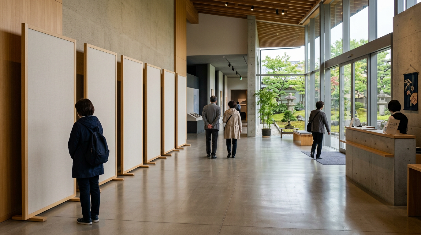 地方の歴史博物館のエントランス付近をイメージした編集部作成のイラスト。縦長の展示パネルが並ぶ無料スペースの雰囲気を抽象的に表現する。