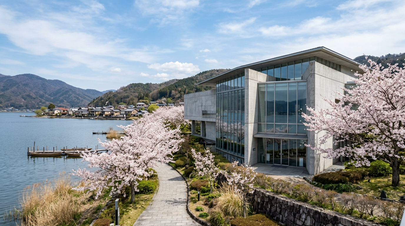 地方都市の博物館外観をイメージした編集部作成のイラスト。文化施設としてのランドマーク的な雰囲気を示す。