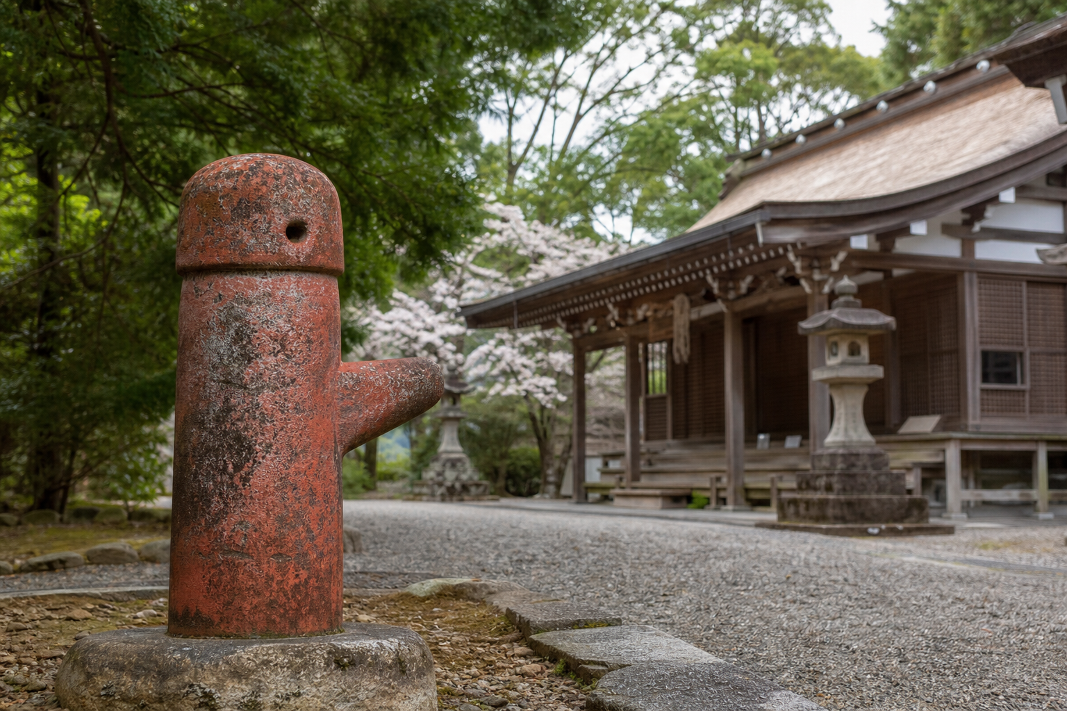 神社境内の石造物と社殿周辺の静かな景観のイメージ。馬に関わる由緒を連想させるビジュアル。