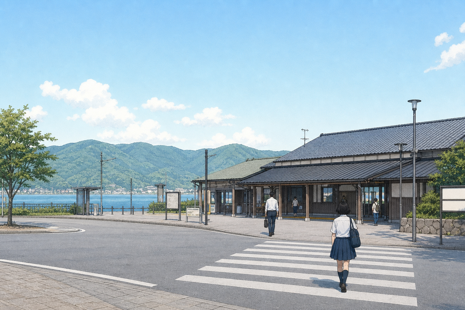 JRの地方駅前広場と静かな商店街へ続く道を想起させるイラスト。湖西線沿線の小都市の雰囲気。