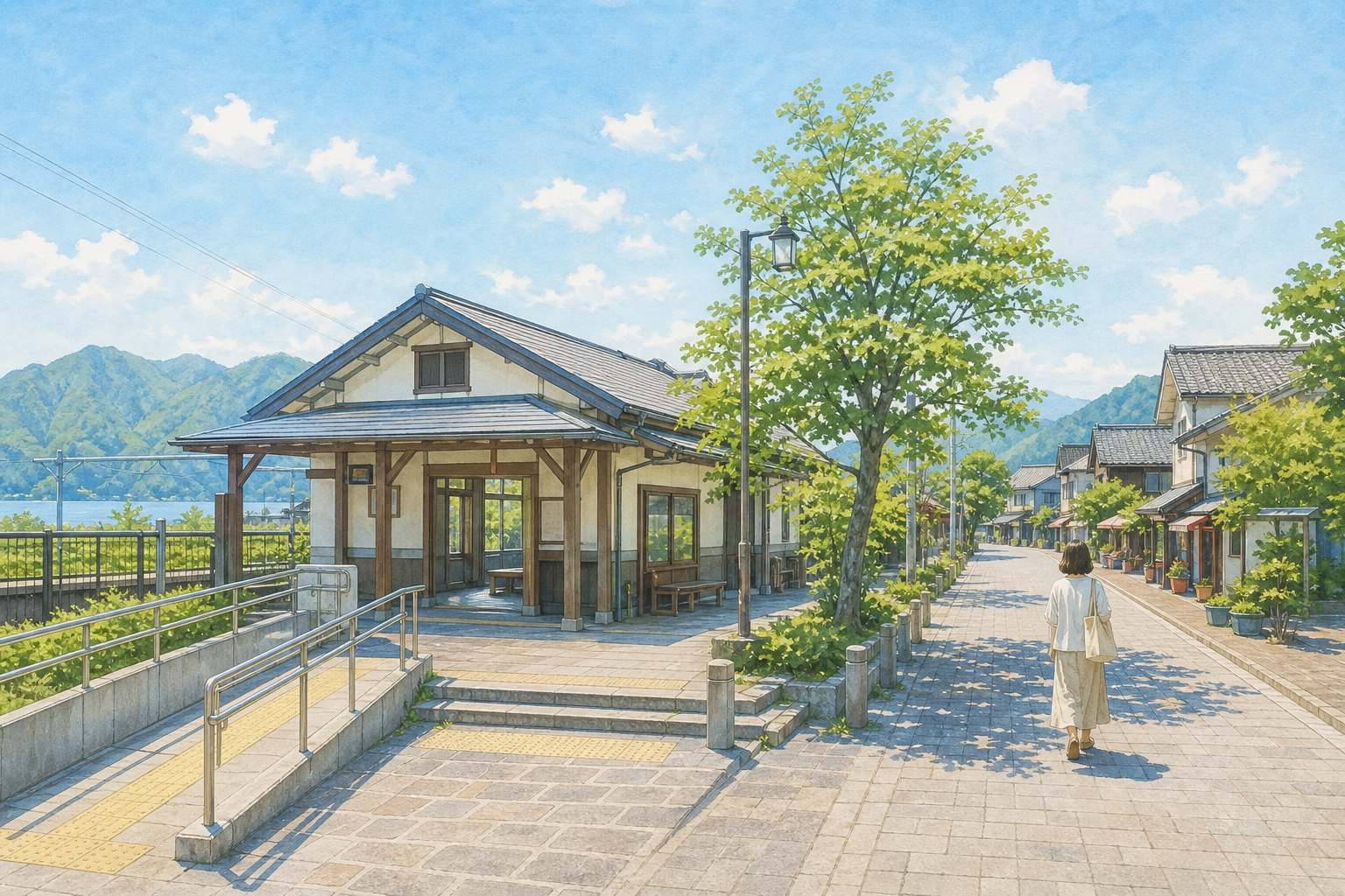 JR近江高島駅周辺の静かな町並みと徒歩動線を想起させるイラスト。駅前から商店の並ぶ道へ向かう横長イメージ。