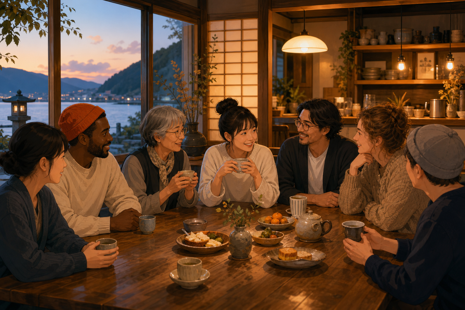 滋賀県高島市の地域交流イベント「みんなのつながりカフェ」を想起させる、シェアキッチン風の温かい集合場面を横長構図で描いた編集用ビジュアル。男女がテーブルを囲みお茶菓子を囲むイメージ。