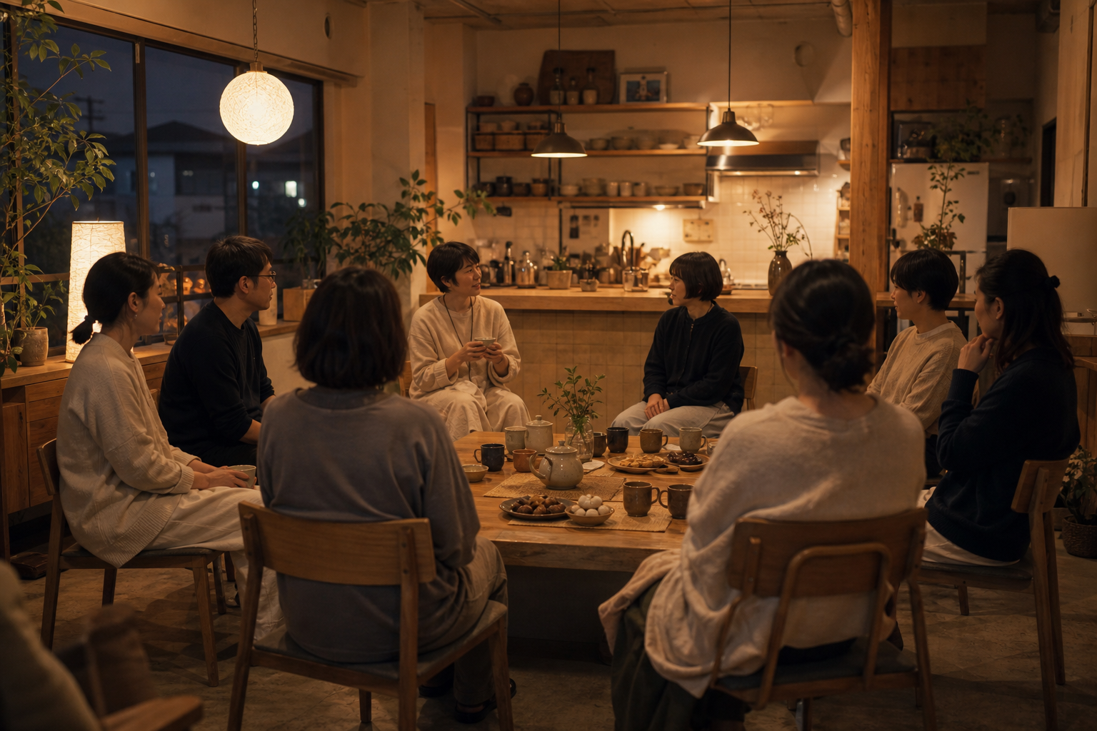 シェアキッチンを模した温かい照明の室内で、参加者が円卓を囲み対話するイメージ。聴くこと・話すことの両方を許容する雰囲気を表現した横長イラスト。