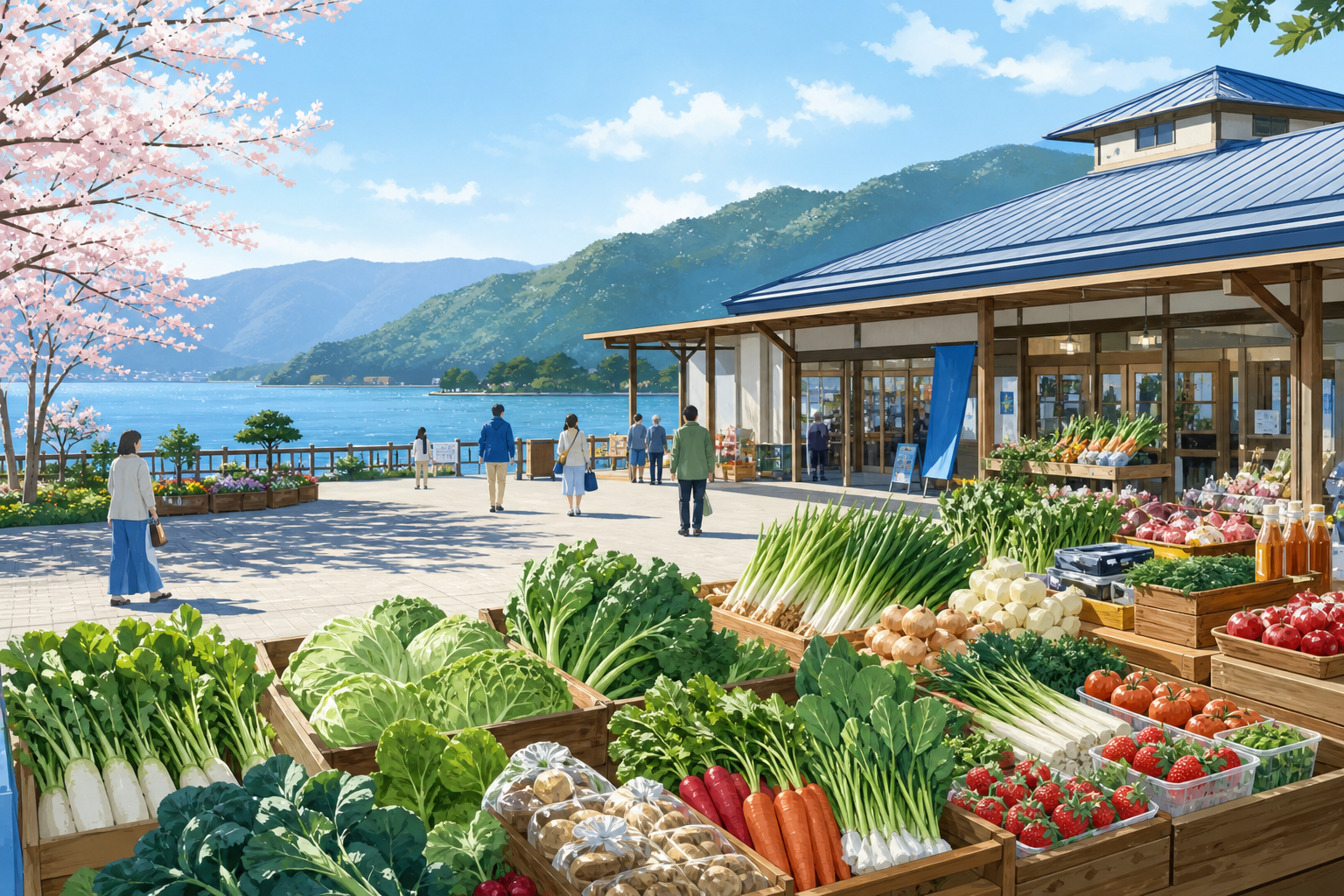 道の駅と地元野菜の直売を想起させる横長の編集イメージ。実在の店舗外観の写真ではない。