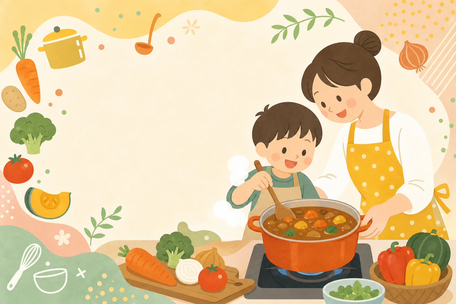 親子が食材をそろえてカレーづくりに取り組む場面の参考イメージ。実際の教室・材料・人数構成とは異なる場合があります。