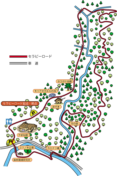 朽木基地周辺のセラピーロード案内用として、たかしま森林セラピー公式サイトが掲出する区域地図。